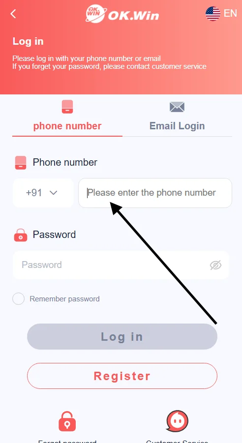 fill in the registered phone number